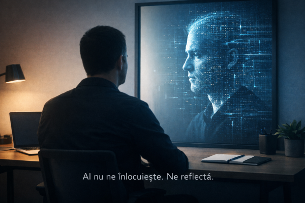 AI la locul de muncă: ce schimbă inteligența artificială în modul în care lucrăm și ce rămâne uman Imagine despre AI folosit ca oglindă pentru gândire și lucru personal