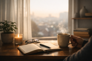 Liniște de dimineață, lumină caldă la fereastră, cafea și jurnal pe birou, moment de claritate și reflecție într-o zi aglomerată