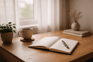 birou si o cafea, simbol al reluarii scrisului