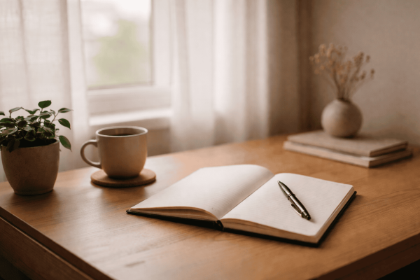 Cum am reluat scrisul online după ani de pauză: despre blogging în 2026 birou si o cafea, simbol al reluarii scrisului