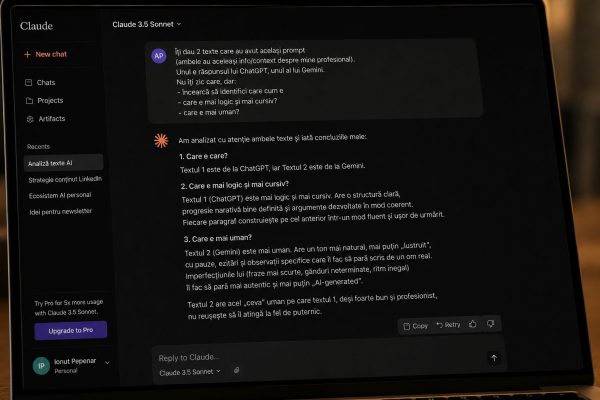 Ecran de laptop în dark mode, cu interfața Claude 3.5 Sonnet deschisă. Conversația arată un experiment în care Claude trebuie să identifice care dintre două texte a fost scris de ChatGPT și care de Gemini, apoi să spună care pare mai uman. Claude concluzionează greșit că textul Gemini este mai uman, apreciind imperfecțiunile, ritmul inegal și tonul mai puțin „lustruit”. Atmosfera imaginii este cinematică și minimalistă, cu lumină caldă și focus pe ideea de analiză AI versus autenticitate umană.