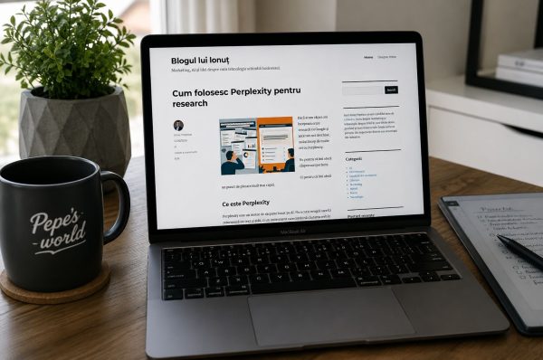 Laptop cu blogul lui Ionuț deschis pe articolul „Cum folosesc Perplexity pentru research”, fotografiat pe un birou de lucru alături de o tabletă reMarkable și o cană de cafea.