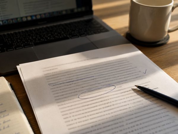 Laptop, cană de cafea și document cu notițe pe un birou luminat cald.