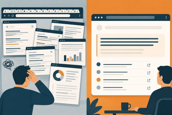 Comparație vizuală: browser cu tab-uri multiple și haos de informații versus interfață AI curată cu răspuns structurat și surse citate