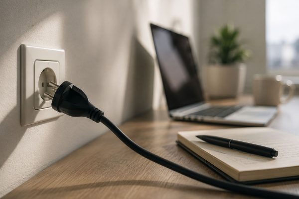 Cablu de alimentare parțial deconectat lângă un laptop pe birou, simbolizând dependența de AI, infrastructura digitală și continuitatea operațională.