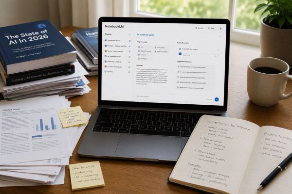 Laptop cu NotebookLM deschis, alături de documente și notițe pe un birou de lucru, ilustrând organizarea informațiilor și research-ul asistat de AI.