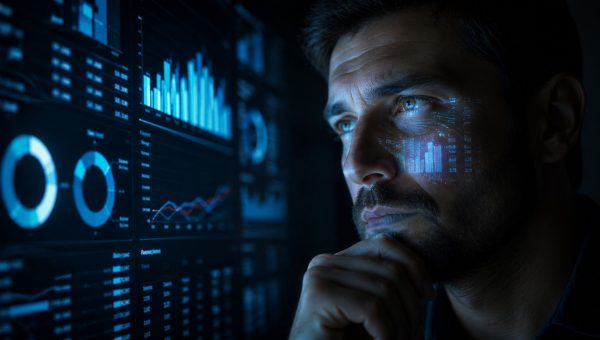 Ce arată datele despre AI: speranțe, frici și câteva concluzii practice Close-up of a man analyzing data on blue-lit screens filled with charts and graphs in a dark room.